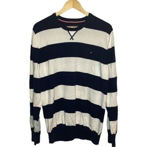 Tommy Hilfiger Mens Navy Blue White Cotton Striped Pullover Sweater Size 2XL